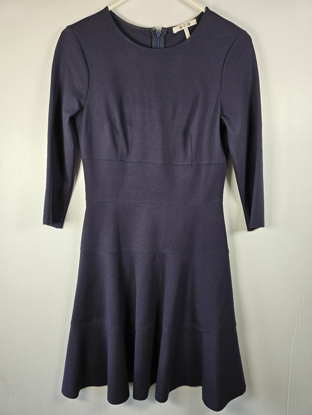 NWOT 3 Dots Classic Navy Fit-and-Flare Dress 3/4 Sleeves Knee Length Raw Hem S